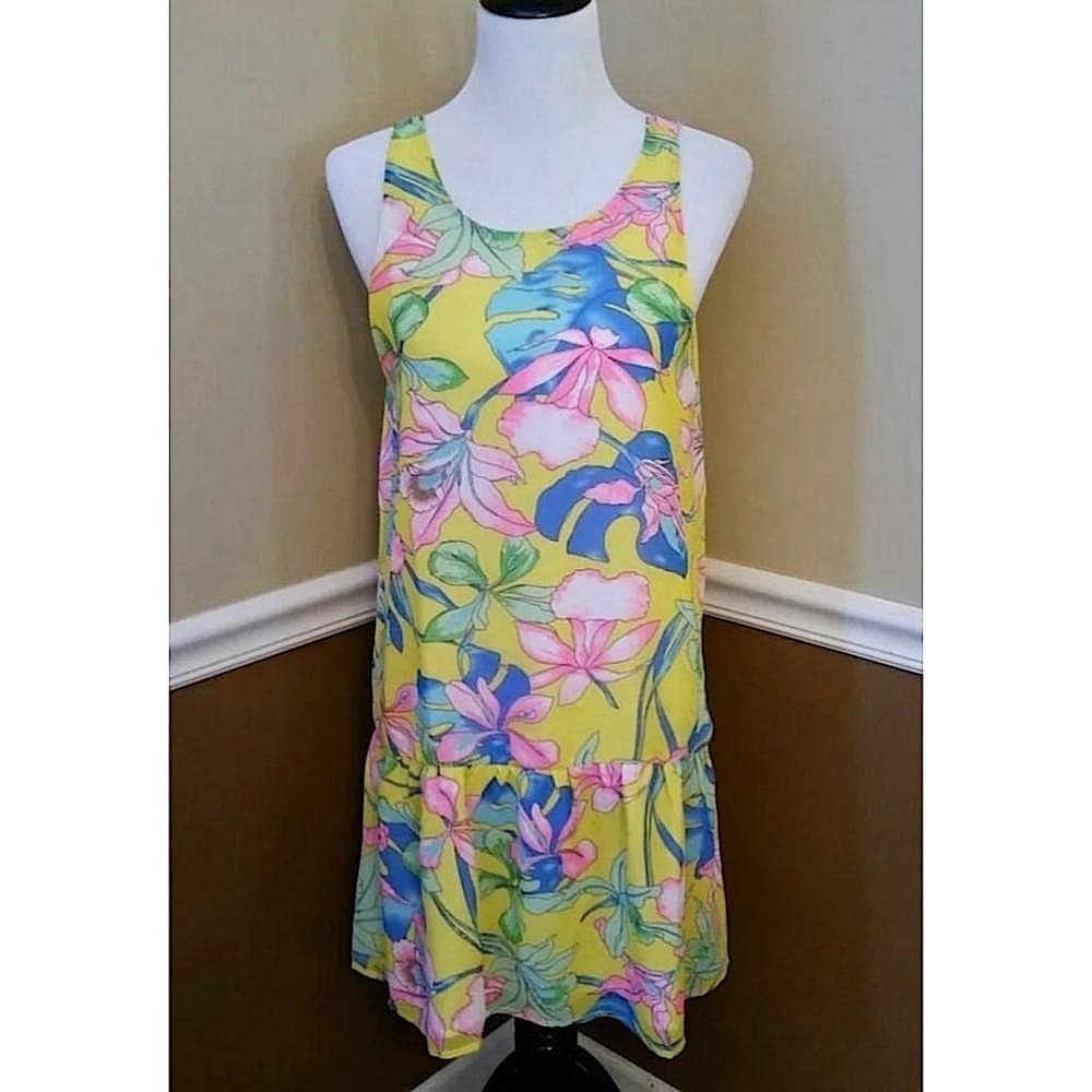 Yellow Tropical Floral Dress Drop Waist I.d.s. ModCloth Size 10 Vacation Cruise